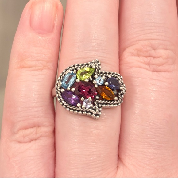 Vintage Silver Hamsa Gemstone Ring, Milgrain Sterling, Rainbow Gem, Size 6.25 - Picture 6 of 17